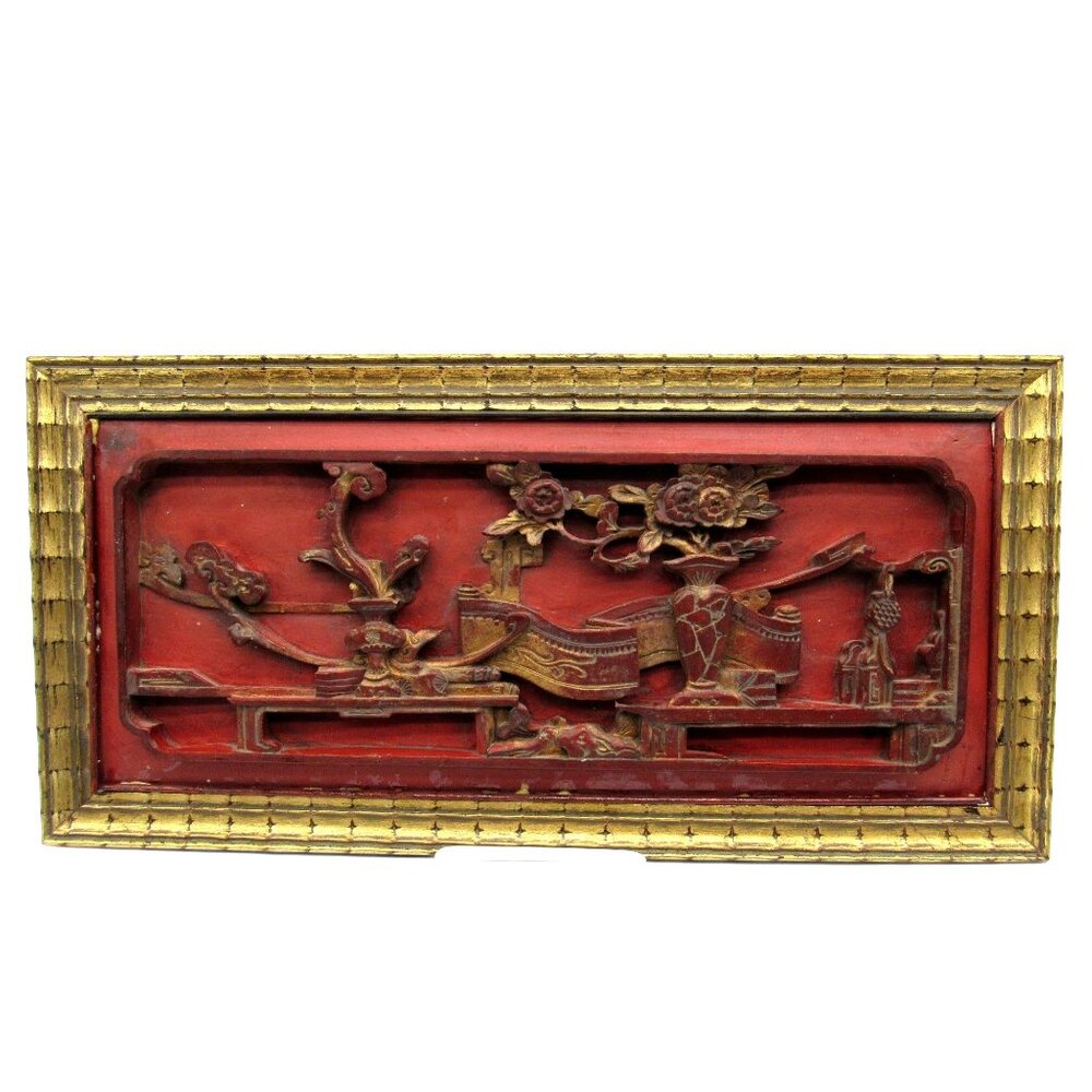 Antique Chinese 3D Carved Wood Panel Gilt and Painted 17"
